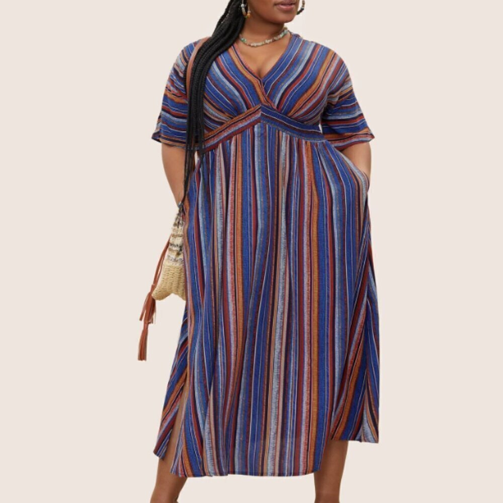 BloomChic Striped Contrast Dolman Sleeve Shirred Pocket Split Flutter Dress 6XL